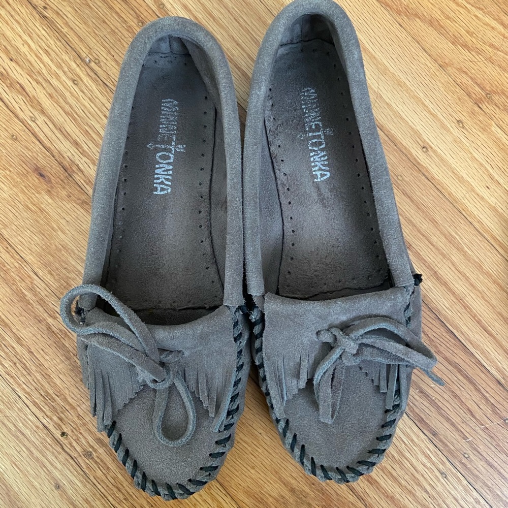 Grey suede Minnetonka Moccasins